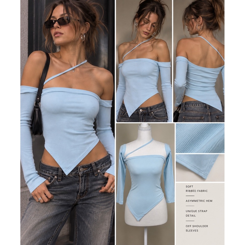 Y2K Blue Off Shoulder Going Out Top Asymmetric Hem Strap Ribbed Indie Sleaze